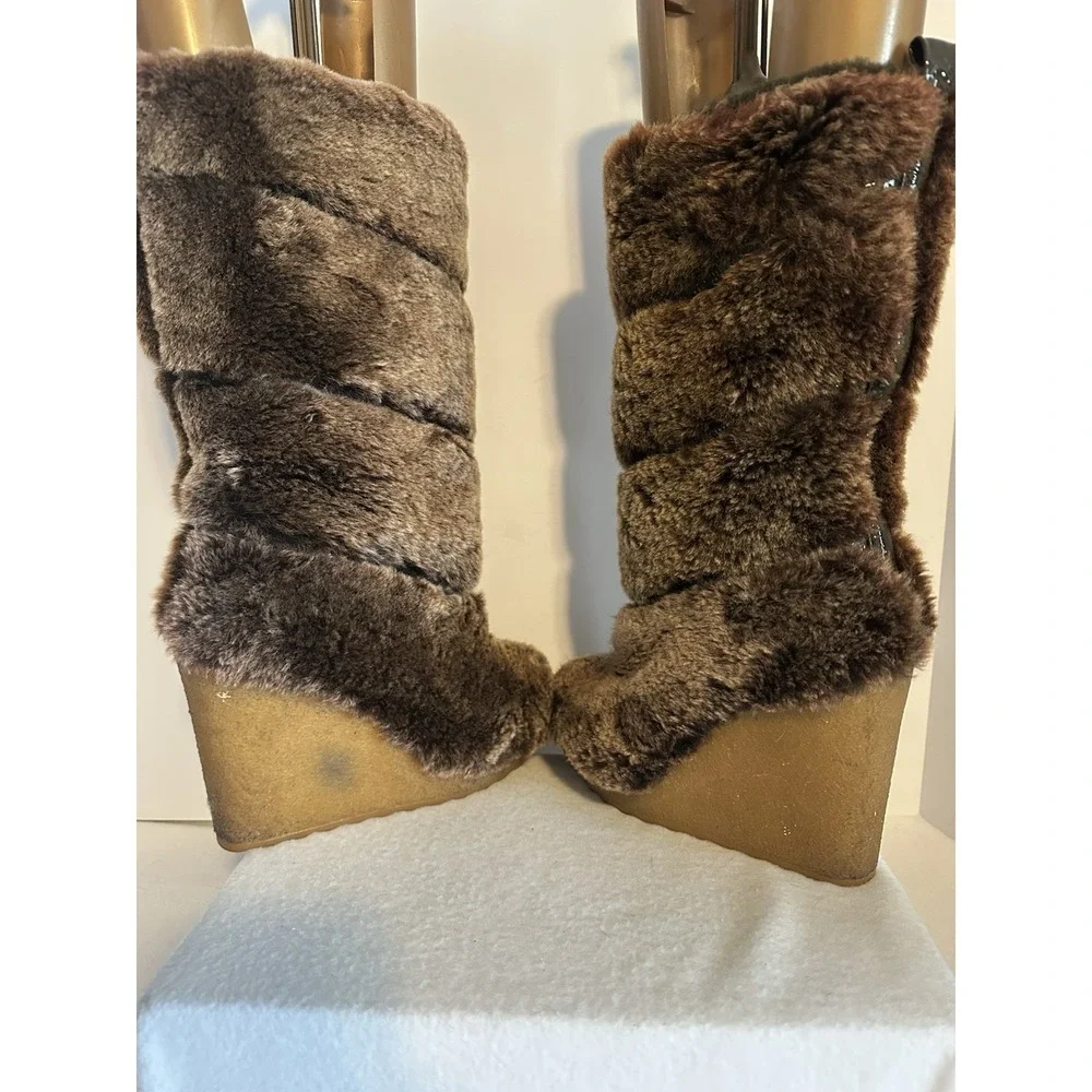 Tory Burch Womens 7 Kiki Sheep Shearling Fur Wedge Heel Boots Brown Pull On